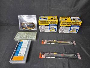 lot 124 image: Tool Set with TE Connectivity Heat-Shrink Tubing, Sawhorse Brackets, SKIL Pruning Blades, Goggles, and Hardware
