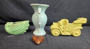 lot 131 image: Vintage Pottery Lot Vase, Green Shell Dish, Car Planter w Light, and Wood Trinket