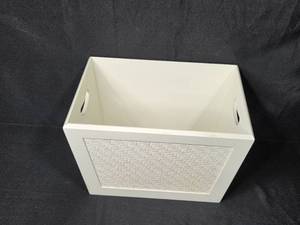 lot 141 image: White Wooden Storage Bin with Woven Panel Design