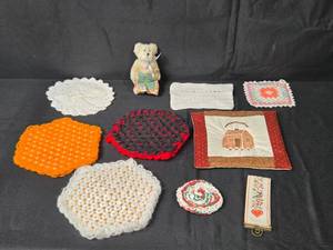 lot 156 image: Collection of Handmade Decorative Crochet and Quilt Items with Embroidered Teddy Bear