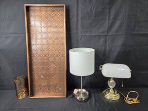 lot 159 image: Elegant Copper Tone Tray, Two Table Lamps, and Gold-Toned Vase