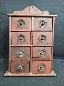 lot 170 image: Vintage Wooden Apothecary Cabinet with Stained Glass Belt Buckle w Heart Design