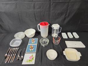 lot 189 image: Mixed Kitchenware and Utensil Set with Pitcher, Plates, and Cutlery
