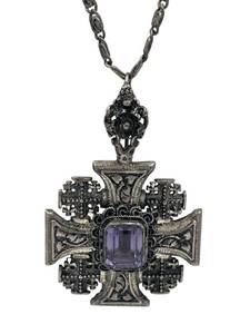 Vintage Sterling Silver & Amethyst Jerusalem Cross Pendant Necklace (45 grams total weight)