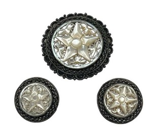 lot 16 image: Vintage 1950s Jerusalem Mother of Pearl 935 Sterling Silver Brooch (1.5 diameter) and Clip On Earrings (1 diameter) (21 grams total weight)