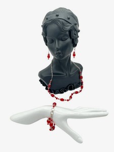 lot 33 image: Art Deco 19 Sterling Silver and Red Glass Beaded Necklace, 8 Bracelet, and Earrings