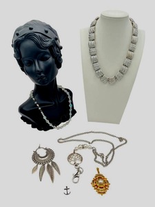lot 36 image: Wonderful Jewelry Lot - Anne Klein Vintage Silver Square Link Choker Necklace, 1950s Damascene Maltese Cross Pendant, and More