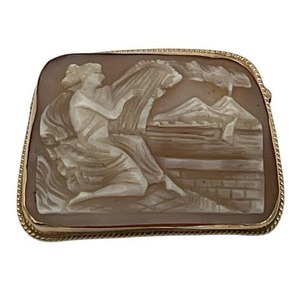 lot 46 image: Vintage 14K Carved Shell Cameo Woman Playing Harp BroochPin (10 grams total weight)