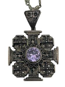 lot 48 image: Vintage Sterling Silver & Amethyst Jerusalem Cross Pendant with 18-inch Chain
