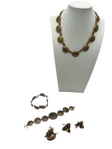 lot 68 image: Vintage Jewelry including Spanish Galleon Brooch, Damascene Leaf Screwback Earrings and More