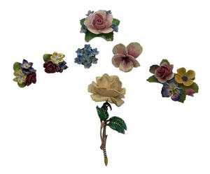 lot 71 image: Colorful Vintage Sterling Silver Enamel Carved Bakelite Rose Flower Brooch with Crown Staffordshire England Porcelain