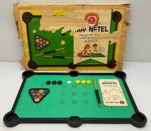 lot 41 image: Vintage 1961 Mattel Magnetel Pool Game In Original Box (Missing One Pool Cue) Box Beat Up
