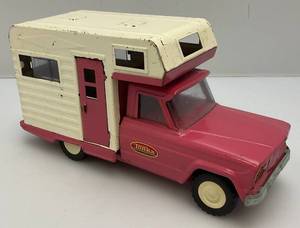 lot 57 image: 1960s Tonka Jeep Camper Pink Pressed Steel Truck And Canper