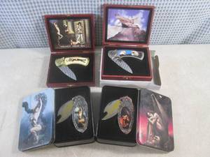 lot 39 image: (BS) 4 Collector Box Knives 2 Tin 2...