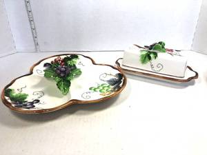 lot 18 image: Lefton Grape Divided Dish and Butter Dish Chip on Leaf