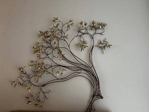 Vintage Mid-Century Modern Metal Tree Wall Art with Gold Leaf Accents