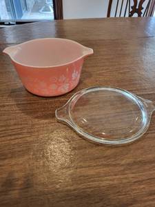 Vintage Pyrex Pink Gooseberry Pattern Cinderella Bowl with Two Glass Lids