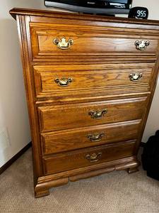 lot 19 image: Solid Oak Tall Dresser by Young-Hinkle with Brass Handles