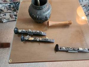 lot 50 image: Set of 3 Decorative Railroad Spike Paperweights one with the Arizona Ship and Ornate Pot with Wooden Stirrer