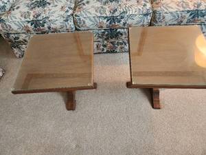 lot 52 image: Set of 2 Vintage Wood and Glass Side Tables