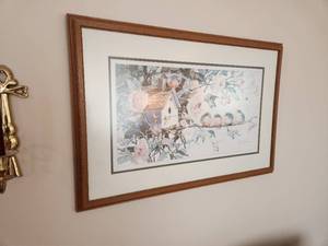 lot 56 image: Framed Watercolor Print by W. Simandle Featuring Birdhouse and Flora
