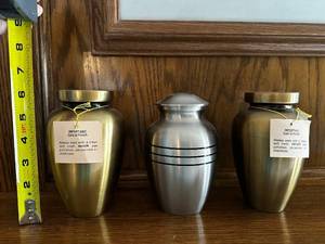 lot 75 image: Set of 3 Decorative Metal Vases  Pet Urns with Care Instructions