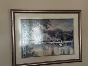 lot 127 image: Lou Roman Signed and Framed 1993 Waterfront Scenic Print