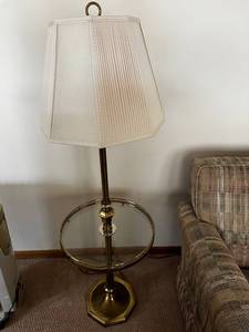 lot 129 image: Vintage Brass Floor Lamp with Glass Table and Fabric Shade