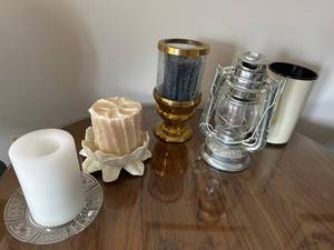lot 140 image: Decorative Set Silver Lantern, Beige Candle, Brass Vase, White Candle