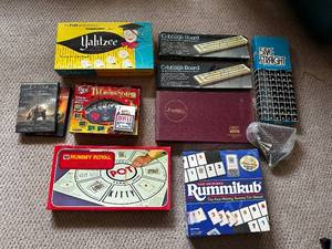 lot 141 image: Collection of Board and Card Games Including Yahtzee, Rummikub, and Scrabble