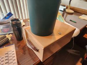 lot 159 image: Steel lock box with Leather Handle and Metal Knob.  Key is missing