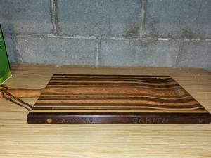 lot 206 image: Wooden Cutting Board with Handle and Bonus 2 Nalgene Brita Bottles