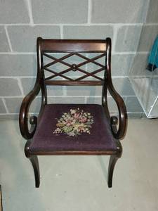 lot 214 image: Antique Wooden Armchair with Floral Embroidered Seat