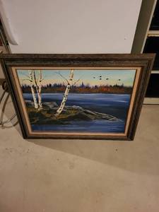 lot 220 image: Framed Original Landscape Painting of Birch Trees by a Lake