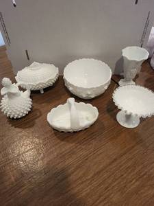 Collection of Fenton Milk Glass Pieces with Hobnail and Floral Patterns