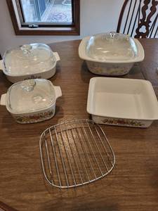 lot 235 image: Set of Vintage CorningWare Dishes with Lids and Metal Rack