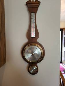 lot 236 image: Vintage Wood and Brass Analog Barometer with Thermometer
