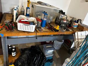 lot 282 image: Sturdy Metal Frame Workbench with Wooden Top