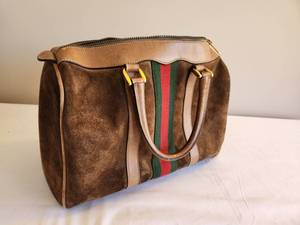 Vintage Gucci Boston Bag - Brown Web Joy Boston Bag Featuring Brown Suede Handbag Purse