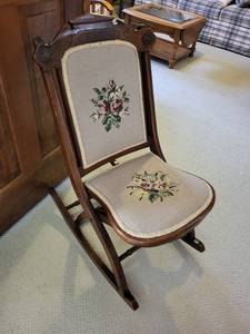 lot 241 image: Antique Wood Rocking Chair Needlepoint