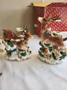 lot 397 image: Ceramic Reindeer Candle Holders & Brass Wreath