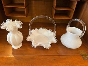 lot 11 image: Milk Glass Ruffled Vase, Basket & Pitcher