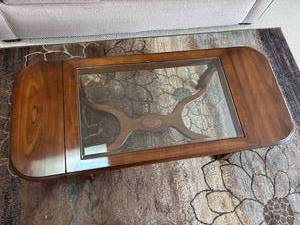 lot 10 image: Vintage Wood Glass Coffee Table