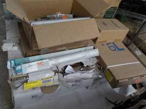 lot 232 image: Pallet Lot Flooring, Glass Shelves ...