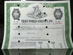 lot 48 image: 1978 Executed Historical TWA Bond Certificate, Rare in this condition - 1 Fold- Excellent-Suitable for Framing