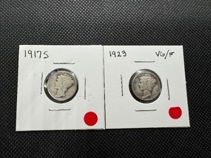 lot 57 image: Two Mid Grade Mercury Dimes 1917S & 1923