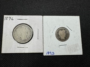 lot 21 image: Barber 1893 Dime and 1896 Quarter