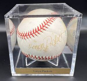 lot 5 image: Tonya Puckett RARE Signed Baseball Rawlings OALB Ball Brown Minnesota Twins w cube and plaquw