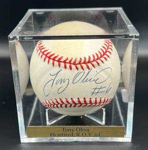 lot 7 image: Tony Oliva Signed Baseball Rawlings OALB Budig Ball Minnesota Twins wcube and plaque