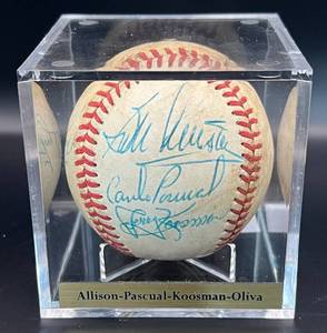 lot 14 image: Tony Oliva, Jerry Koosman, Bob Allison, Camilo Pascual Signed Baseball RARE Minnesota Twins w cube and plaque